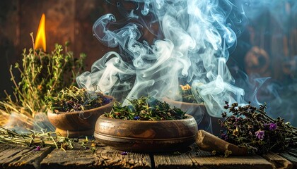 Smoke curls around wooden bowls filled with dried herbs, illuminated by soft candlelight ambiance