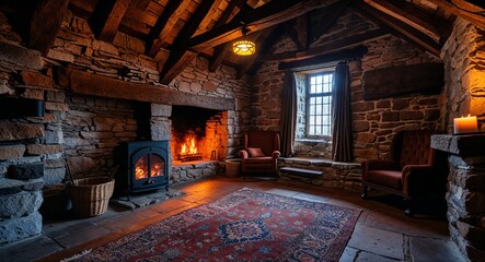 Old Stone Cottage Room With Wooden Rafters And Dim Firelight Glow © sevenSkies