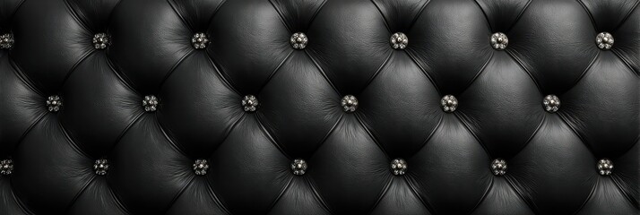 Fototapeta premium Black leather tufted background with crystal buttons texture