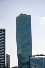 glass skyscraper dominating the urban skyline, reflecting light. Commercial architecture symbolizing business success and city life.