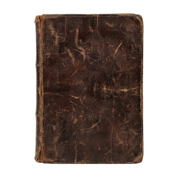 Antique weathered brown leather book cover on transparent background