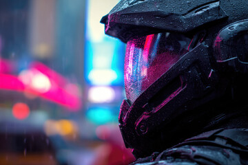 Cyberpunk tactical helmet with rain droplets reflecting neon city lights creates futuristic and intense atmosphere in urban night setting