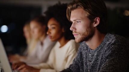 Fototapeta premium Group of three young people sitting in front of a laptop computer. the person in the foreground is a young man with blonde hair and a beard, wearing a gray sweater.