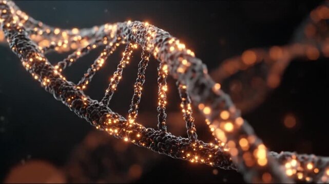 Close-up of a glowing DNA double helix formed by warm sparkling orange lights against dark backdrop