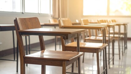 A serene classroom setting with wooden desks and chairs illuminated by warm sunlight