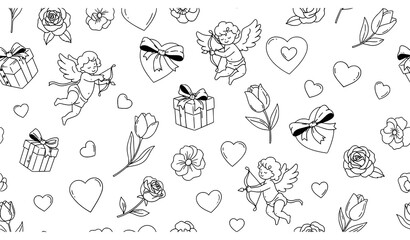 Romantic Valentine seamless line art pattern with love symbols in pink and blue
