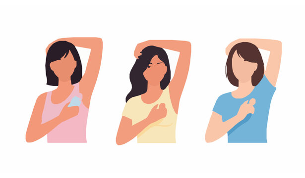 Underarm deodorant protection vector illustration set with women using antiperspirant isolated on white