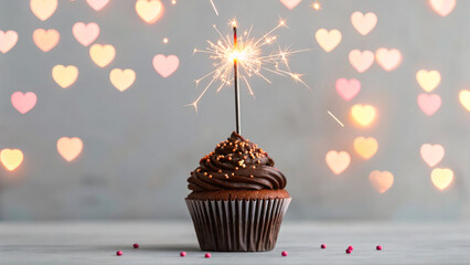 Chocolate cupcake with sparkler beside heart decorations at a birthday party celebration