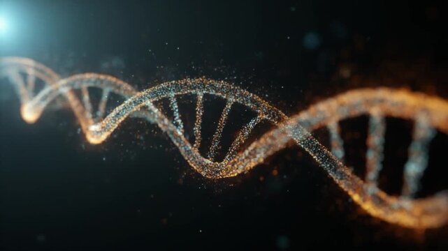 Golden DNA double helix glows in a dark starfield, twisting softly with sparkling particles glowing