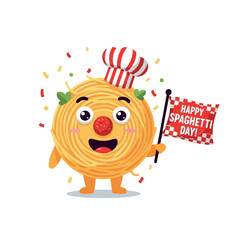 A cheerful cartoon spaghetti character wearing a chef's hat and holding a 'Happy Spaghetti Day!' flag, surrounded by colorful confetti. Perfect for food blogs, social media posts, and