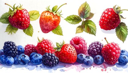 Watercolor illustration featuring an array of fresh, vibrant berries including strawberries, raspberries, blackberries, and blueberries with green foliage