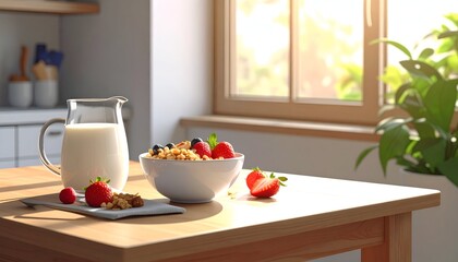 A sunlit kitchen table holds a bowl of granola topped with fresh strawberries and blueberries