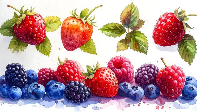Watercolor illustration featuring an array of fresh, vibrant berries including strawberries, raspberries, blackberries, and blueberries with green foliage - Powered by Adobe