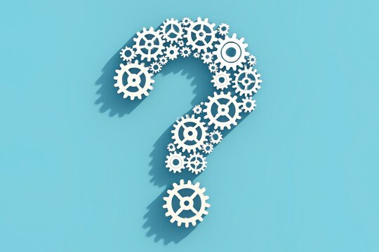 Mechanical Enigma: A question mark artfully crafted from an assembly of interlocking gears, symbolizing the intricate mechanics of inquiry and problem-solving, against a serene azure backdrop.