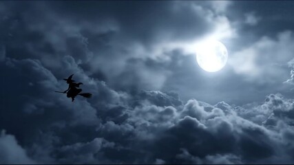 A lone witch silhouette soars through moonlit clouds, bathed in a luminous full moon. beneath moon. - Powered by Adobe