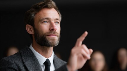 Close-up portrait of a man with a beard and mustache. he is wearing a dark suit and tie and is standing in front of a black background.