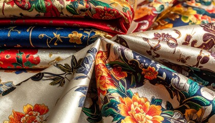 A vibrant array of richly patterned fabrics, showcasing floral designs and intricate textures