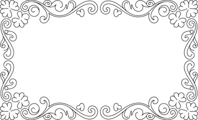 Floral swirl border with four leaf clover outline corner decorations for vintage greeting card art