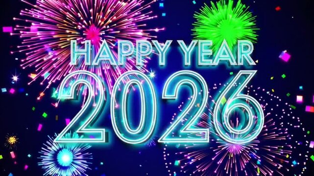 3d happy new year 2026 colorful celebration neon design greeting social media post background
