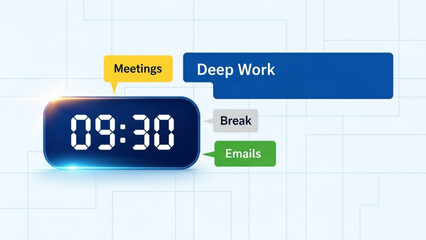 Digital clock displaying 09 30 with speech bubbles labeled meetings, deep work, break, and emails on a white background with grid pattern