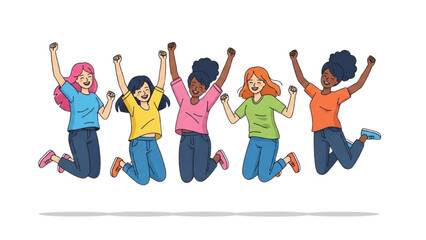 Group of diverse young women jumping in the air with arms raised in celebration outdoors on a white background