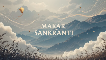 Happy Makar Sankranti in an aesthetic landscape background.