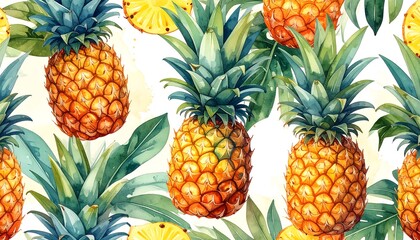 Watercolor illustration featuring ripe pineapples and green foliage scattered on a light, textured background. Perfect for tropical themes