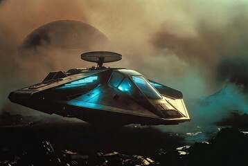 Futuristic sleek spaceship with glowing blue lights hovers above a mysterious alien