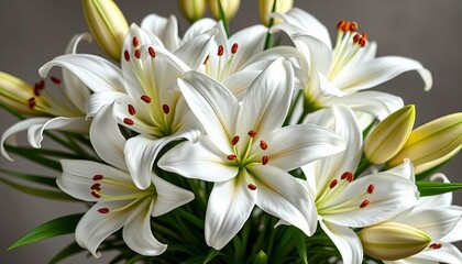 Fototapeta premium Elegant white lilies arranged in a classic bouquet, flower arrangement, delicate