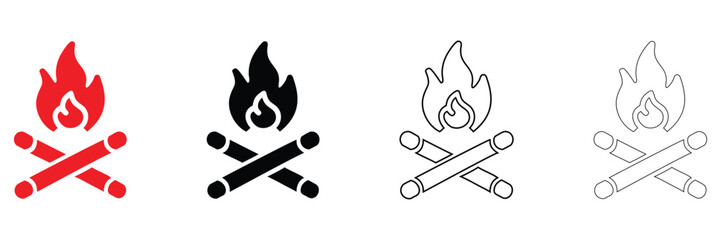 camp fire vector icon set, flames with fireplace symbol, camping fire vector, silhouette and line art
