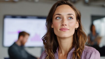 Fototapeta premium Close-up portrait of a young woman with shoulder-length brunette hair. she is looking up at the sky with a thoughtful expression on her face.
