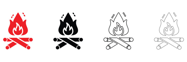 camp fire vector icon set, flames with fireplace symbol, camping fire vector, silhouette and line art