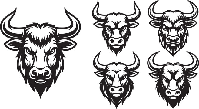 Bull head mascot set with various horn styles angry ox silhouette collection powerful cattle emblem