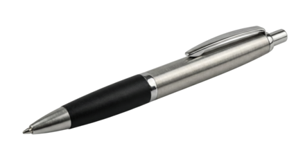 Sleek silver and black ballpoint pen on transparent background