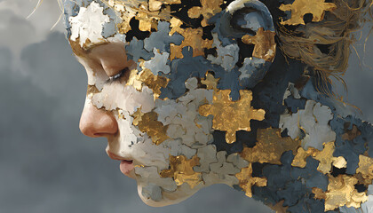 Illustration represents mental health awareness concept. Woman head with puzzle pieces, mind, brain. Bipolar disorder, anxiety, stress, emotional self development. Therapy, psychotherapy,