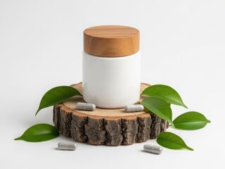 White ceramic jar with wooden lid isolated on white background