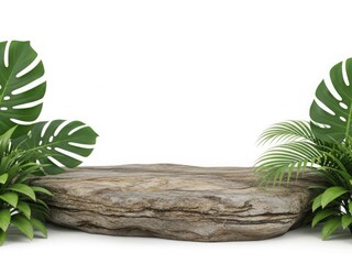 Wooden bench with tropical leaves isolated on white background