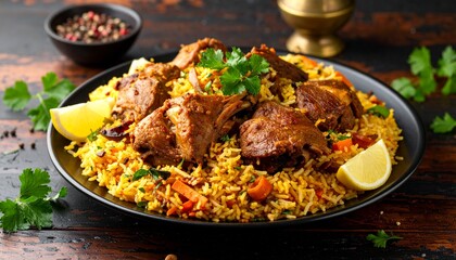 Delicious Lamb Biryani Dish Garnished with Lemon and Herbs, Ready to Serve.