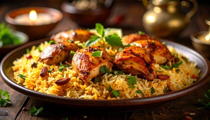 Delicious Chicken Biryani Served on a Rustic Wooden Table with Garnishes.