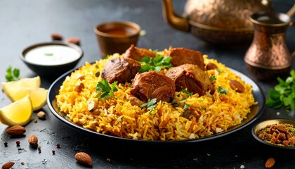 Delicious Lamb Biryani Served with Lemon and Almonds.