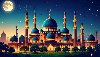 Beautiful Mosque Illuminated at Night with Crescent Moon and Stars.