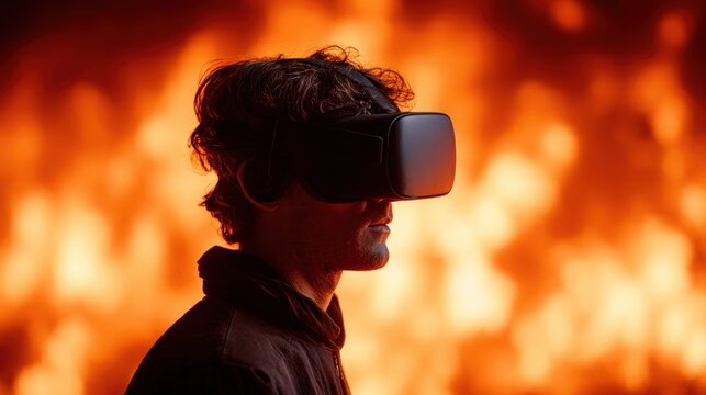 Man wearing VR headset with a fiery background, representing virtual reality