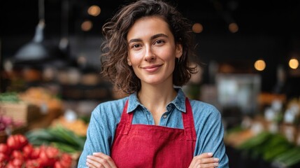Smiling woman in apron at a farmers market, ready to assist customers with produce