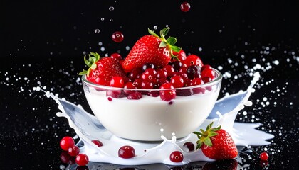 Delicious Dessert - Fresh Berries and Cream in a Glass Bowl.