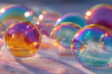 Realistic soap bubble cluster captured in natural light with colorful iridescence and shallow depth of field