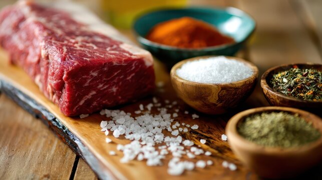 Raw strip loin beef on a resin-finished wooden cutting board with parrilla salt and spice blend