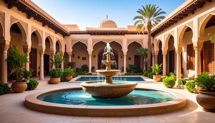 Stunning Moroccan Riad Courtyard with Ornate Fountain and Lush Greenery.