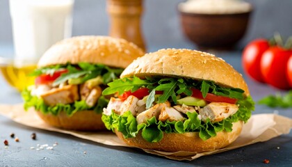 Two Delicious Chicken Burgers with Fresh Vegetables on a Rustic Table.