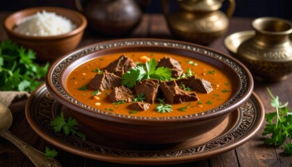 Delicious and Flavorful Beef Stew with Fresh Herbs and Vegetables, Close Up.
