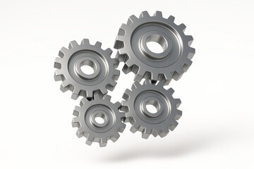 Interlocking Gears of Precision: A close-up shot of four metallic gears meshing together. These cogs showcase a network of perfect synchronicity.